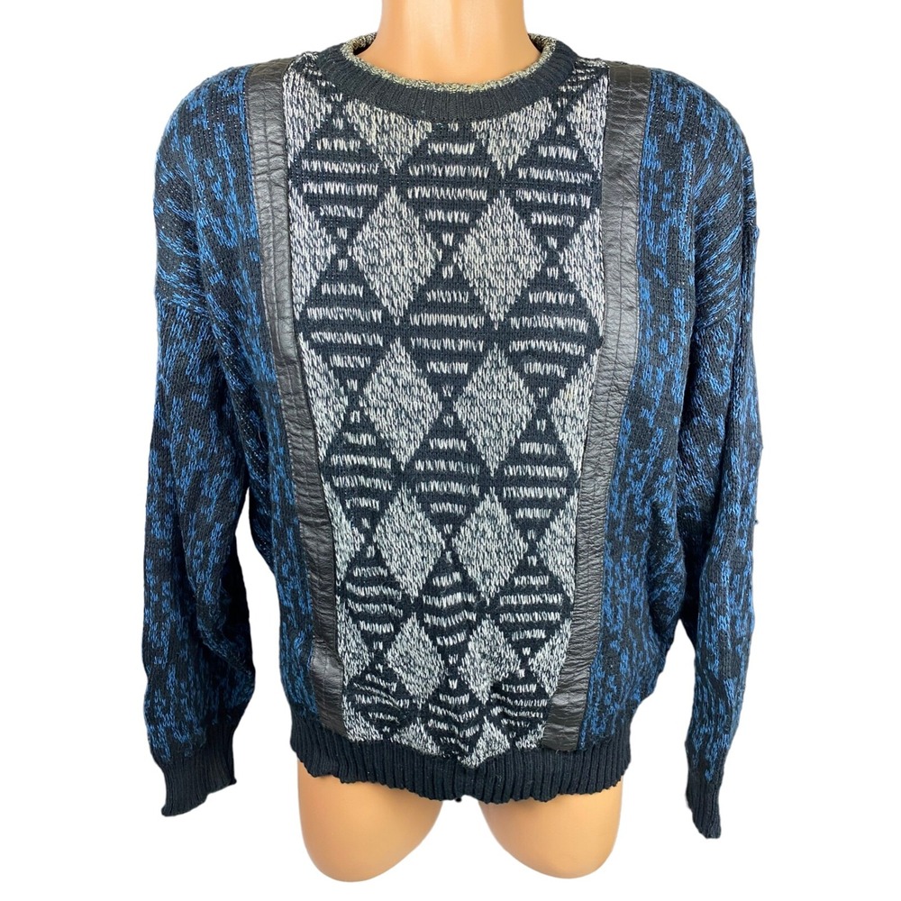 Vintage Michael Gerald Mens Crew Neck Sweater Blue/Blk Sz L Acrylic Long Sleeves